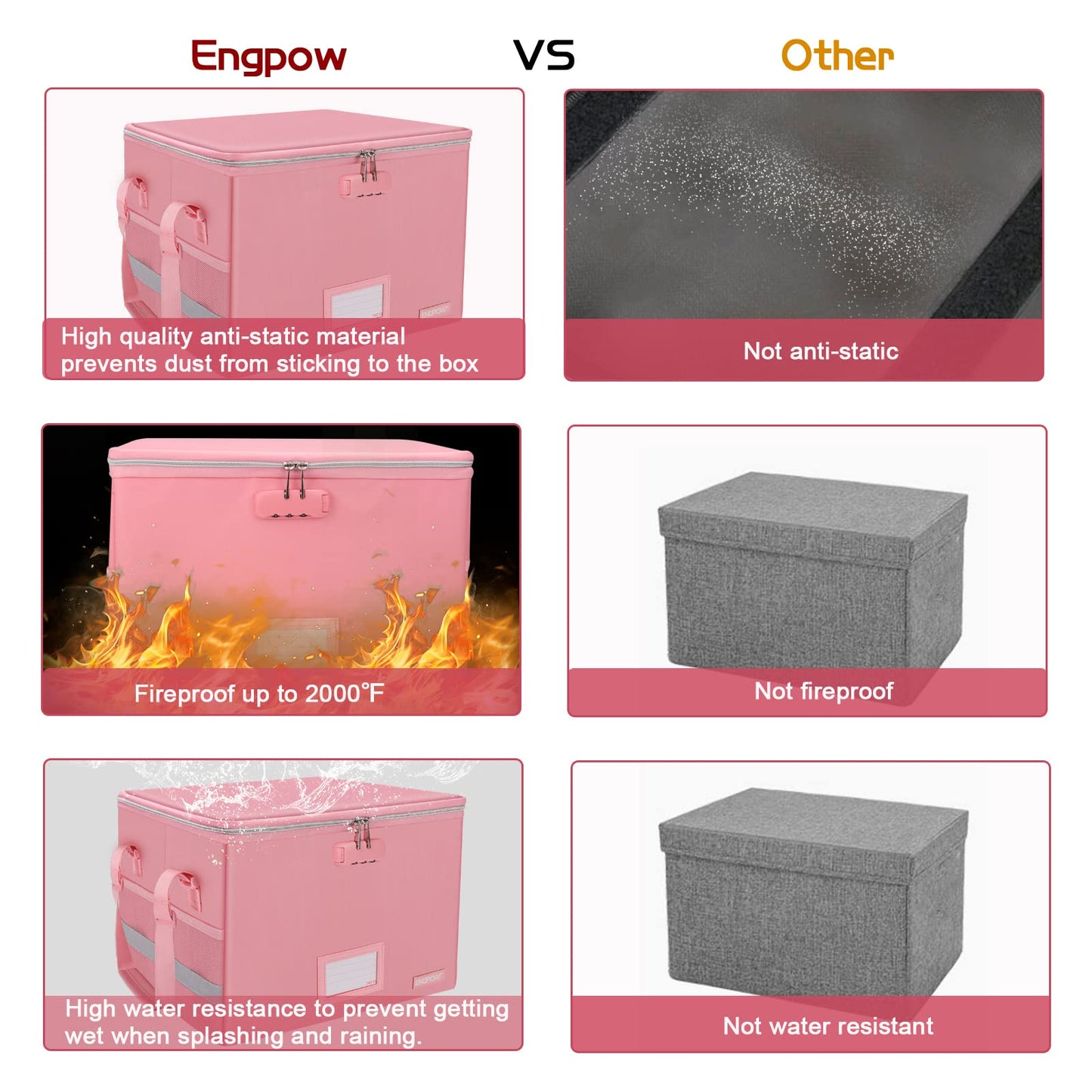 ENGPOW File Box with Lock, Fireproof Document Box with Zipper＆Pockets, Collapsible File Organizer