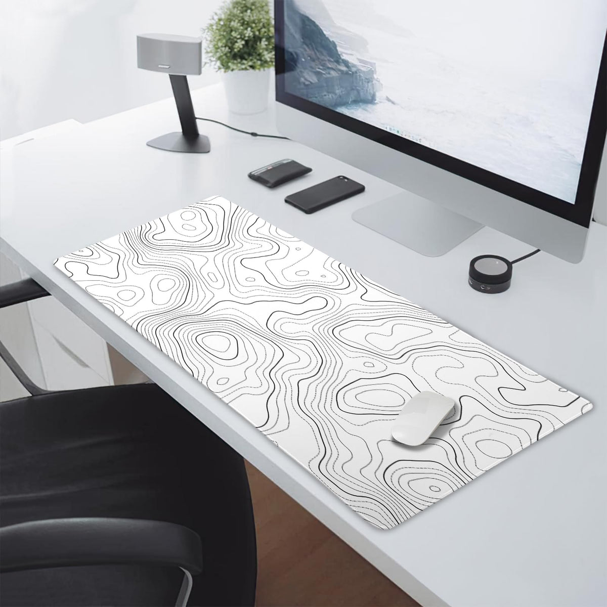 Topographic Map Mouse Pad Large White Lines Contour Geographic Extended Desk Mat 60x35 CM Non-Slip
