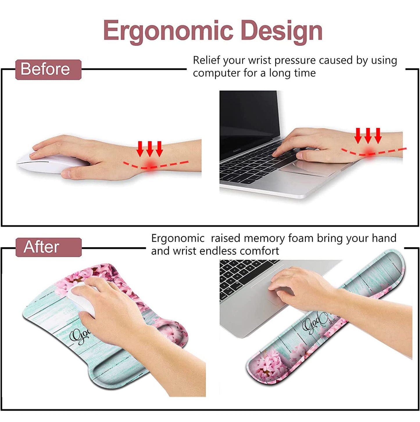Mouse Pad with Wrist Support, Ergonomic Gel Mouse Pad Beautiful Flowers,Non-Slip Durable, Memory