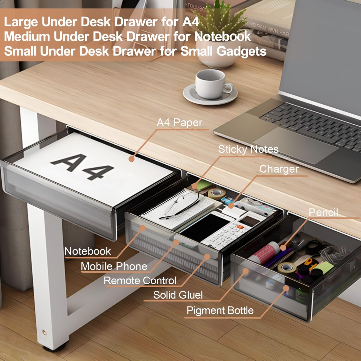SVNNELP Under Desk Table Drawer Storage Organizer,3 Pack Large & Medium & Small Slide Out Desk
