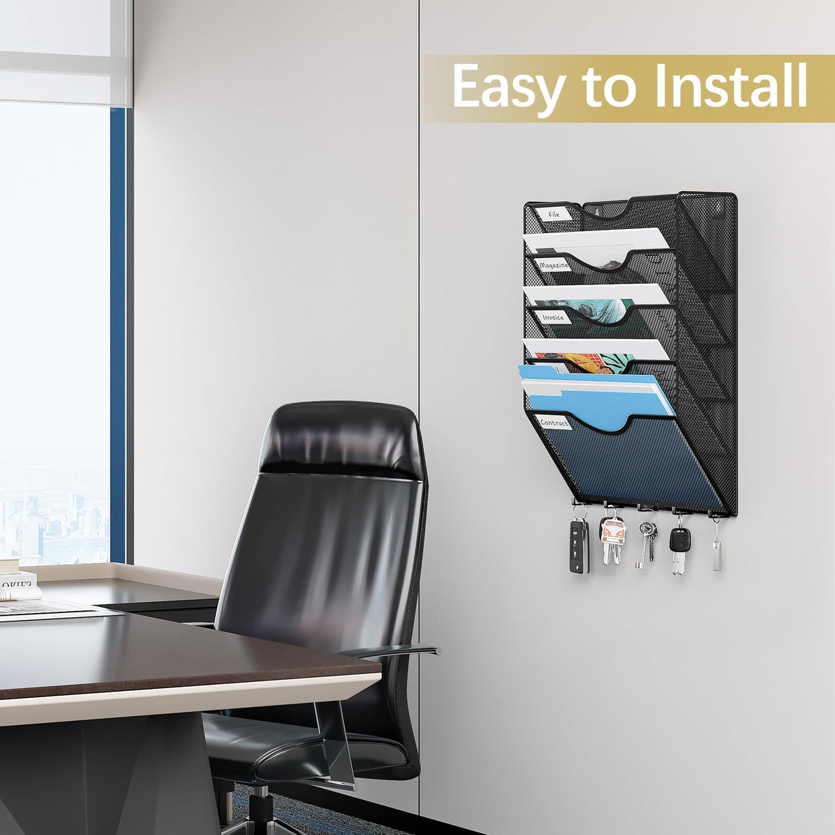 EasyPAG 5 Pocket Mesh Wall File Organizer with Key Hooks, Hanging Paper Folder Holder with Classify