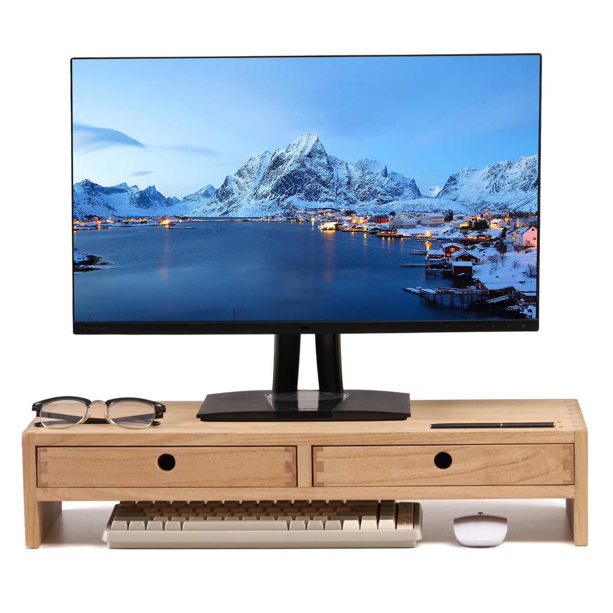 KIRIGEN Solid Wood Monitor Stand with 2 Drawers, Desk Riser, Natural PMJ-NA