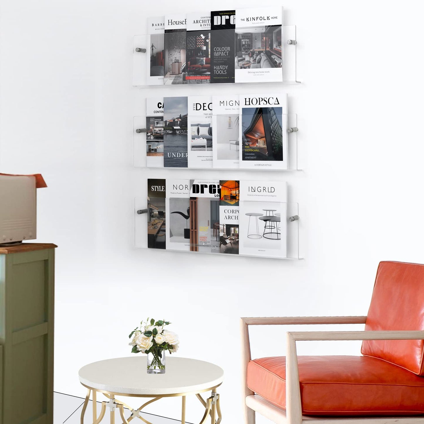 XOHYW Clear Acrylic Brochure Holder Wall Mount 3 Tier, Hanging Bookshelf Magazine Rack Literature
