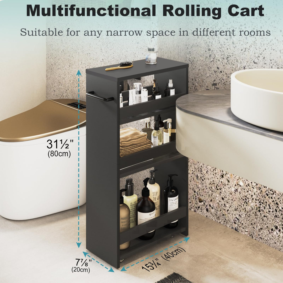 MARTY Slim Rolling Storage Cart, Wood Utility Kitchen Bathroom Laundry Cart