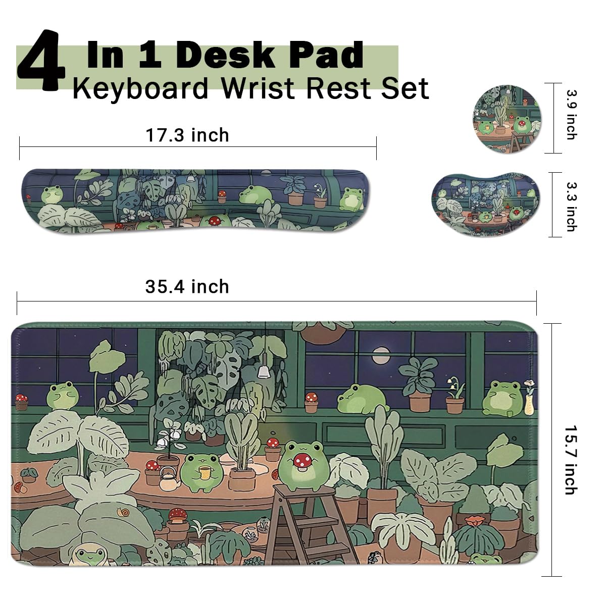 Cute Frog 4 in 1 Large Mouse Pad Set, Kawaii Extended Mouse Pad Set Desk Pad Easy Typing for Typing