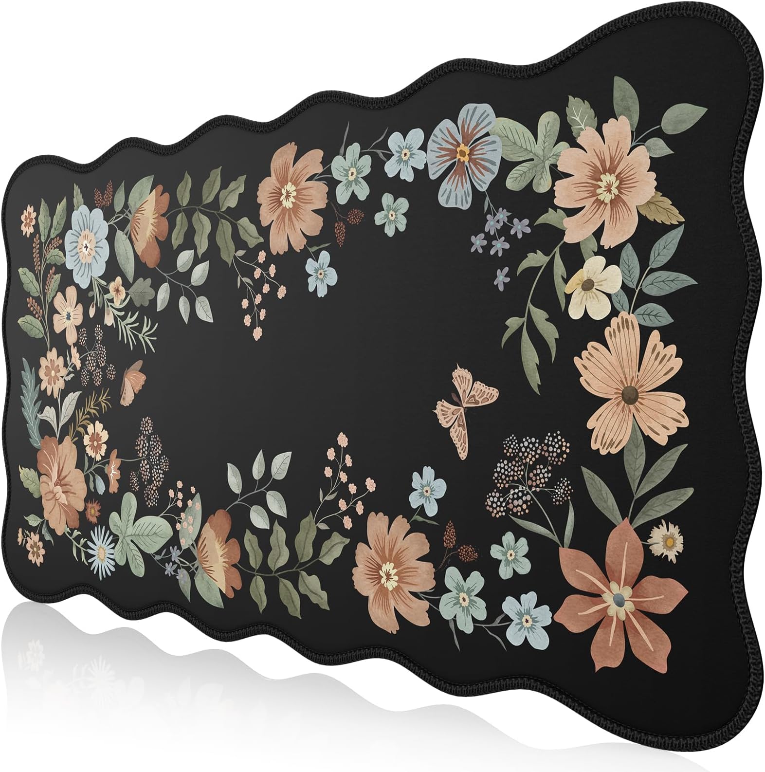 HAOCOO Scalloped Desk Mat for Keyboard, Floral Mouse Pad(Black)