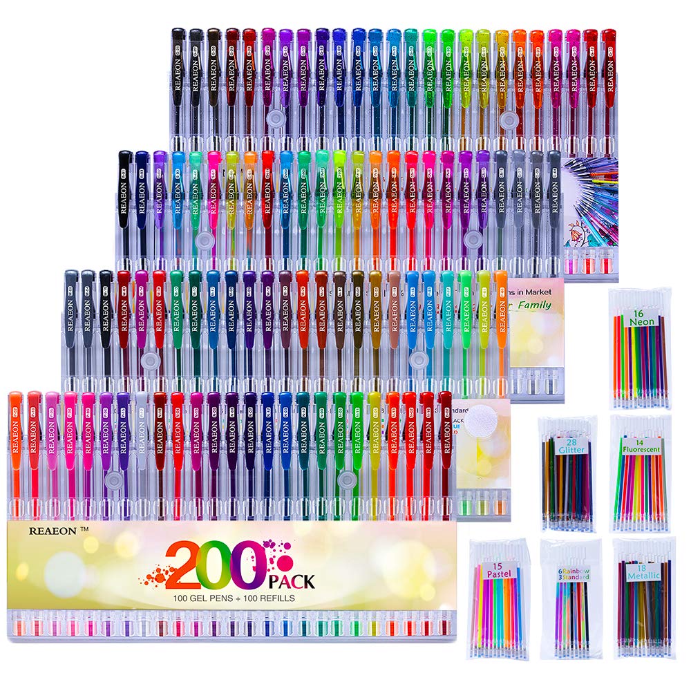 Gel Pens, Reaeon 200 Pack Pen with Case for Adult Coloring Books, 100 Color Markers Plus 100
