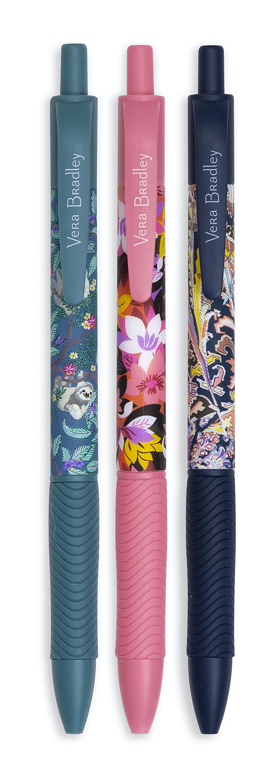Vera Bradley Black Ink Pen Set of 3, Colorful Retractable Pens, Plastic Click Pens with Zip Pouch