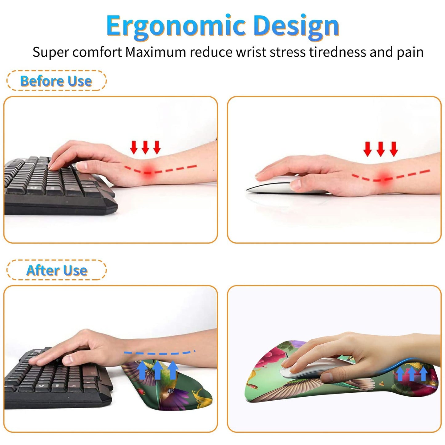 3Pcs Ergonomic Memory Foam Keyboard Wrist Rest Pad Set, Floral Hummingbird