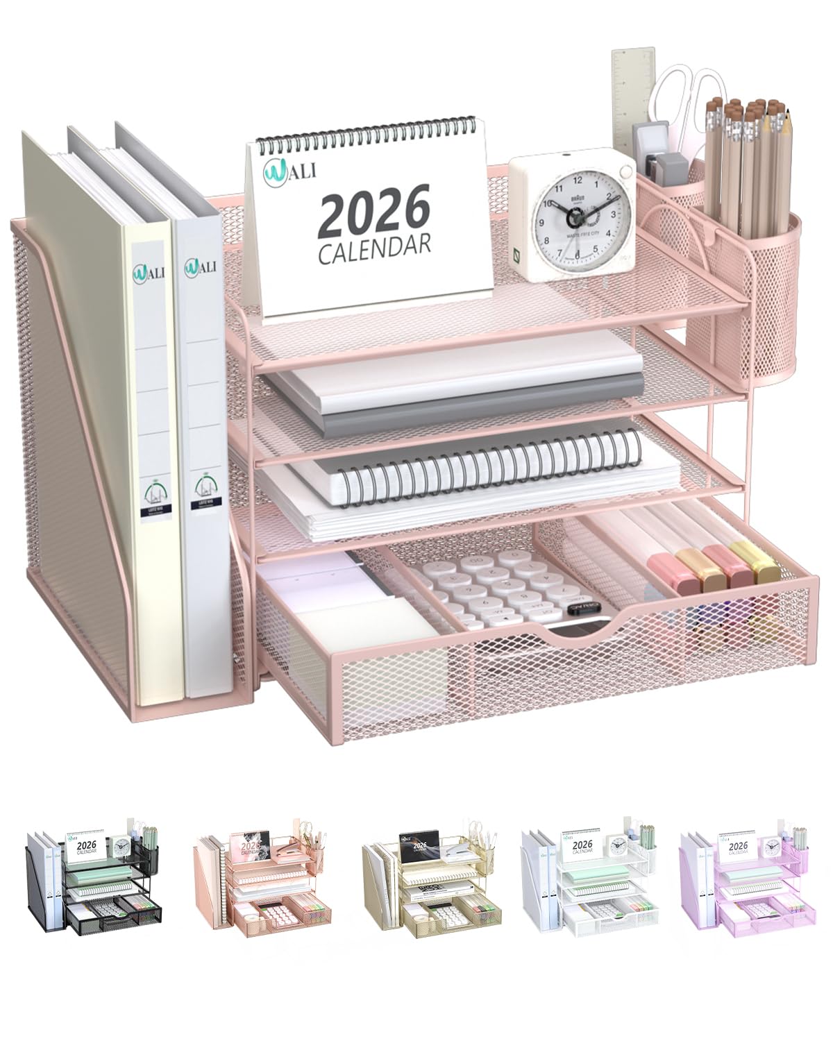 WALI Desk File Organizer, 4 Tier Desktop Paper Letter Tray Organizer with Drawer and 2 Pen Holders