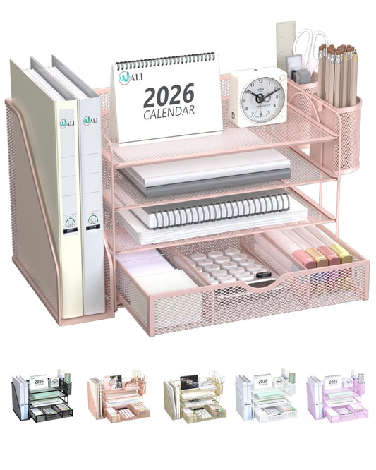 WALI Desk File Organizer, 4 Tier Desktop Paper Letter Tray Organizer with Drawer and 2 Pen Holders