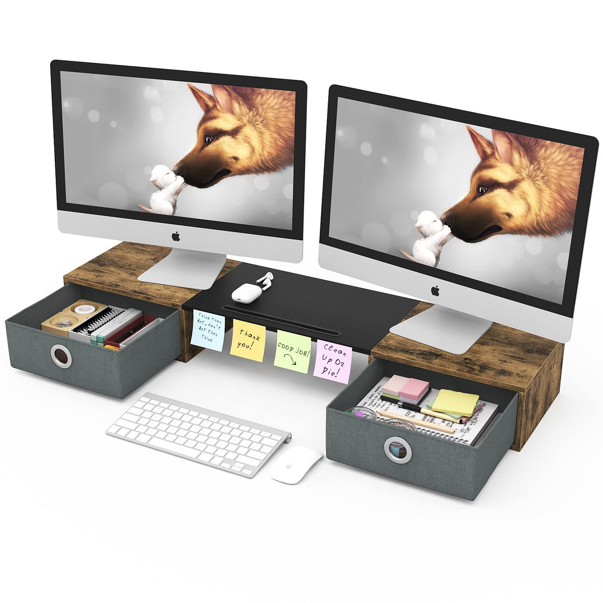 WESTREE Dual Monitor Stand Riser with Two Drawers, Extra Large Storage Monitor Stand for 2