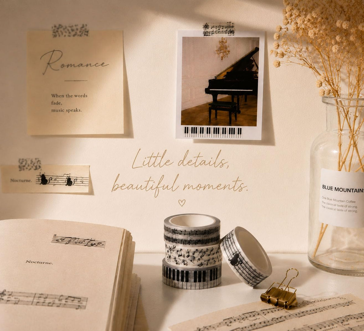 lovielf Black and White Piano Note Melody Keyboard Cat Staff Stave Score Music washi Tape Set of 4