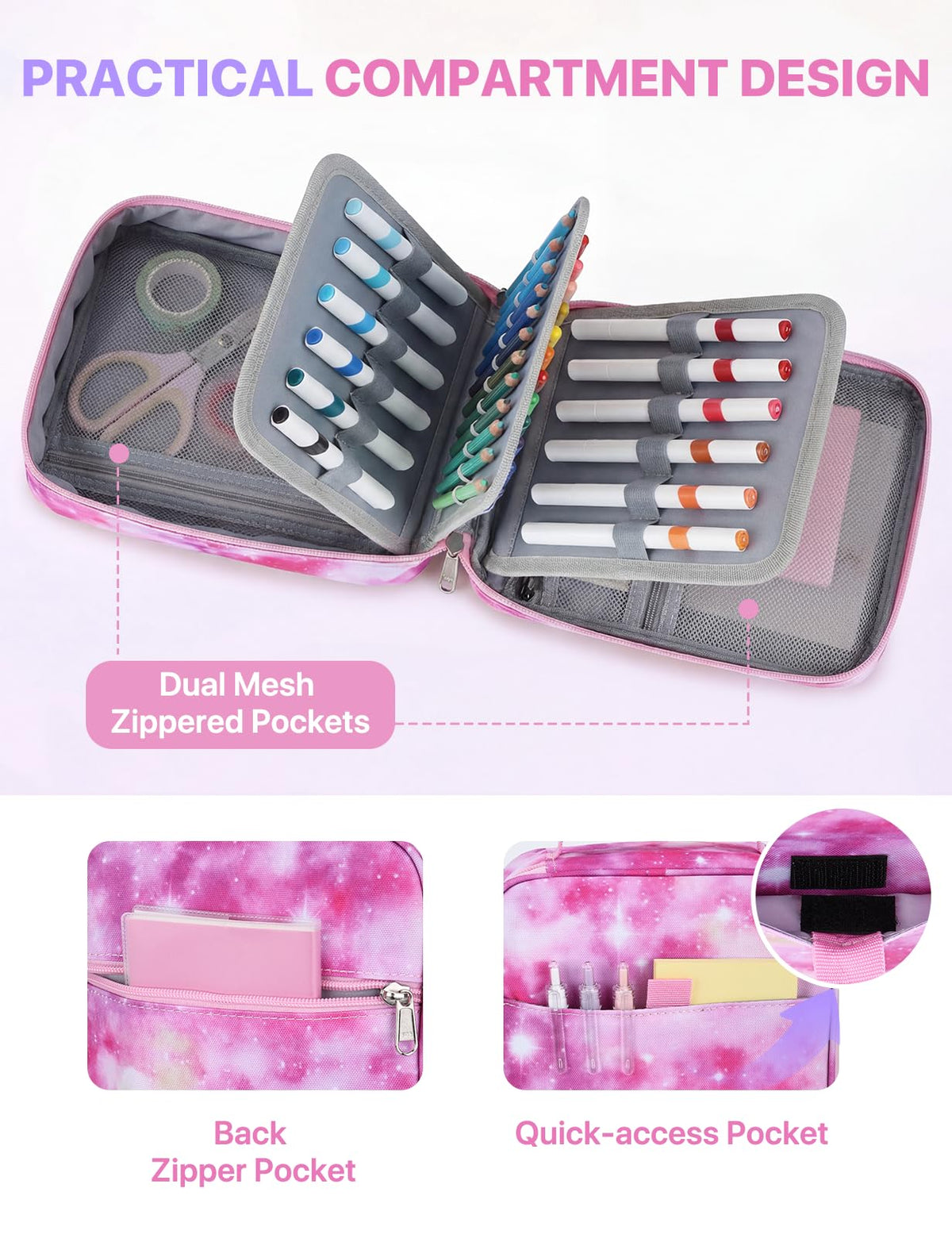 Kasqo Large Pencil Case, 54-Slot Pen & Marker Organizer, Pink Galaxy