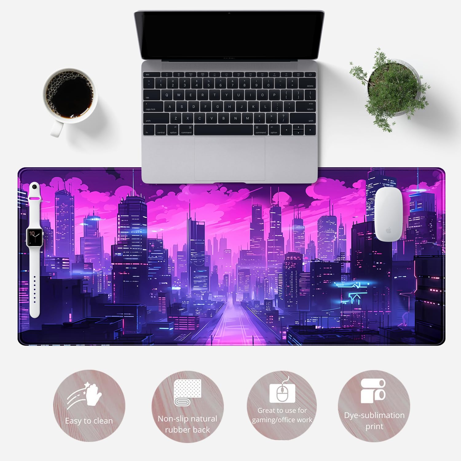 Desk Pad Cyberpunk Purple Desk Mat City Skyline Gaming Extended Mouse Pad Big Office Keyboard Pc