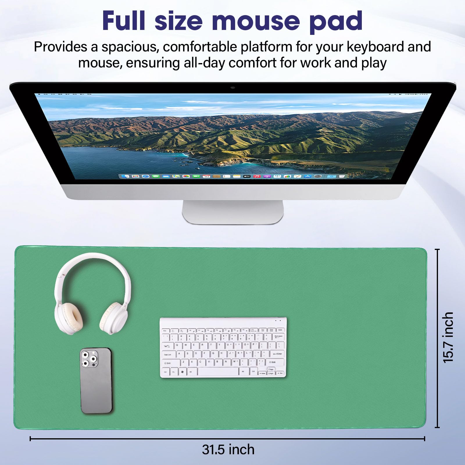 31.5" x 15.7" Waterproof Fabric XXL Mouse Pad, Rubber Anti-Slip Base, Green