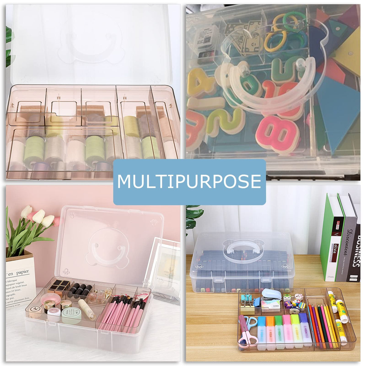 BTSKY 2-Tier Cute Bear Storage Box with Removable Divided Tray Portable Clear Plastic Art Craft