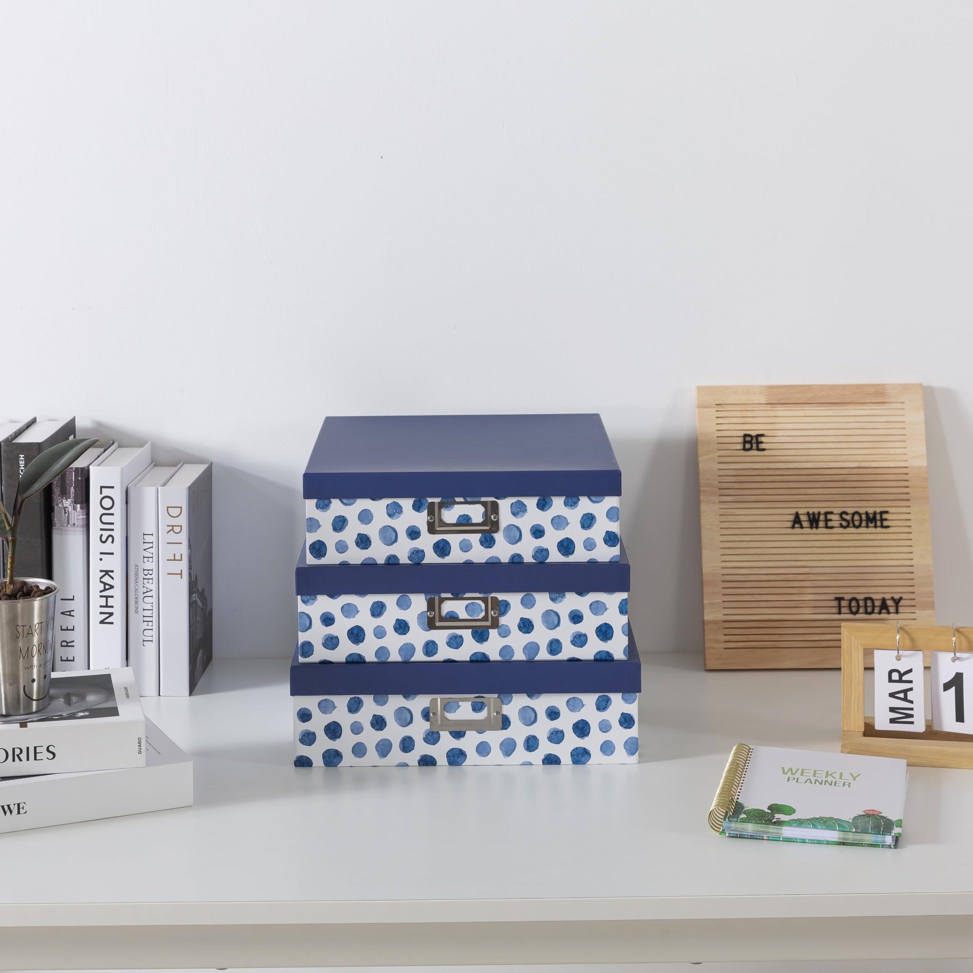 Soul & Lane - Decorative Storage Boxes with Lids, Set of 3, Blue Spots