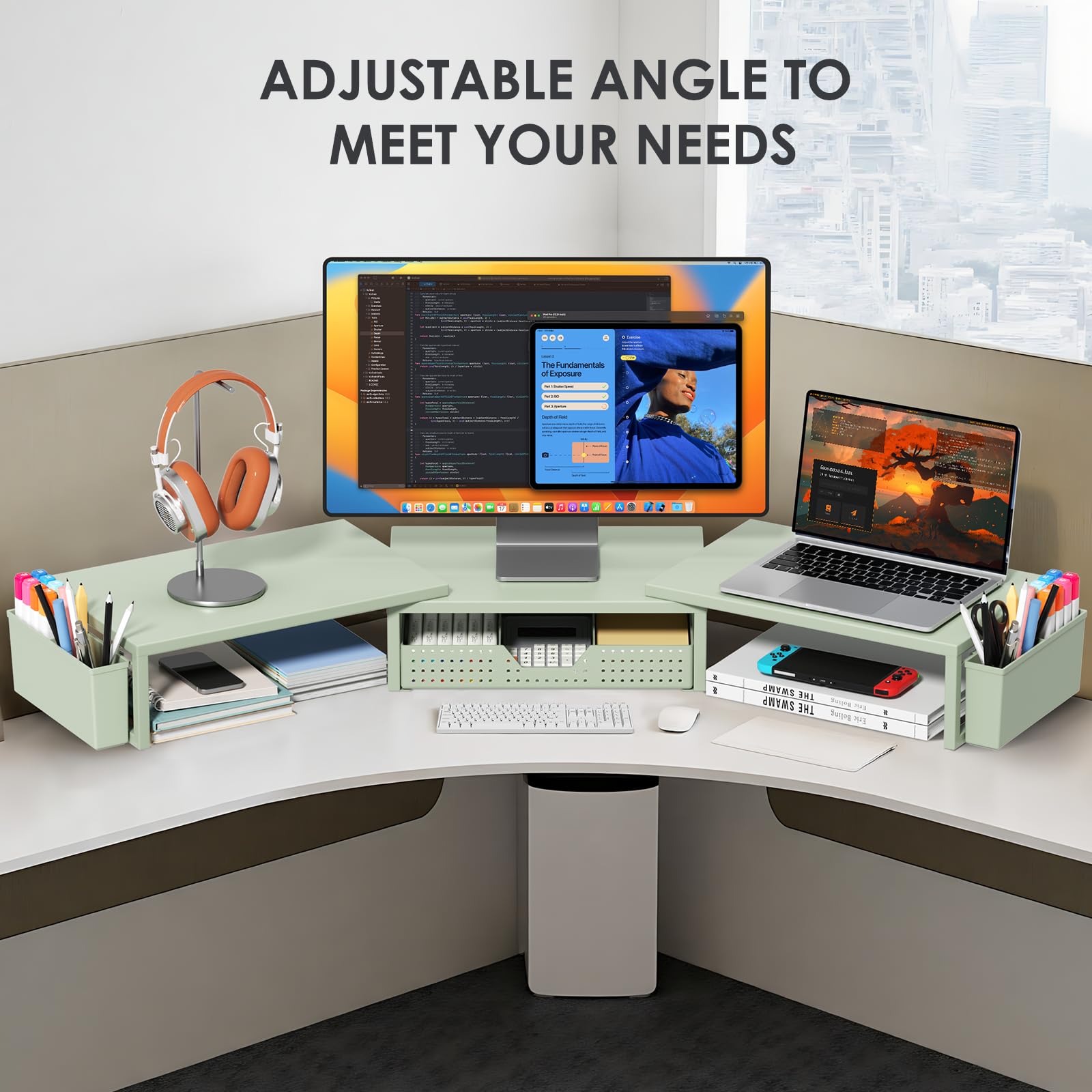 OPNICE Desk Organizers and Accessories, Dual Monitor Stand Riser with Drawer and 2 Pen Holders
