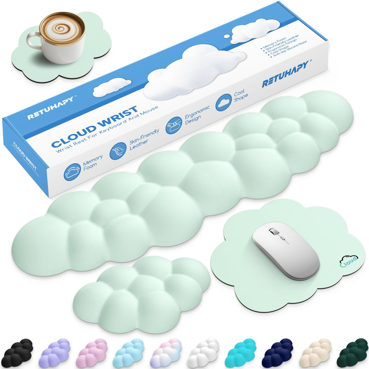 Retuhapy Cloud Wrist Rest Keyboard Cushion and Cloud Mouse Pad, Light Green