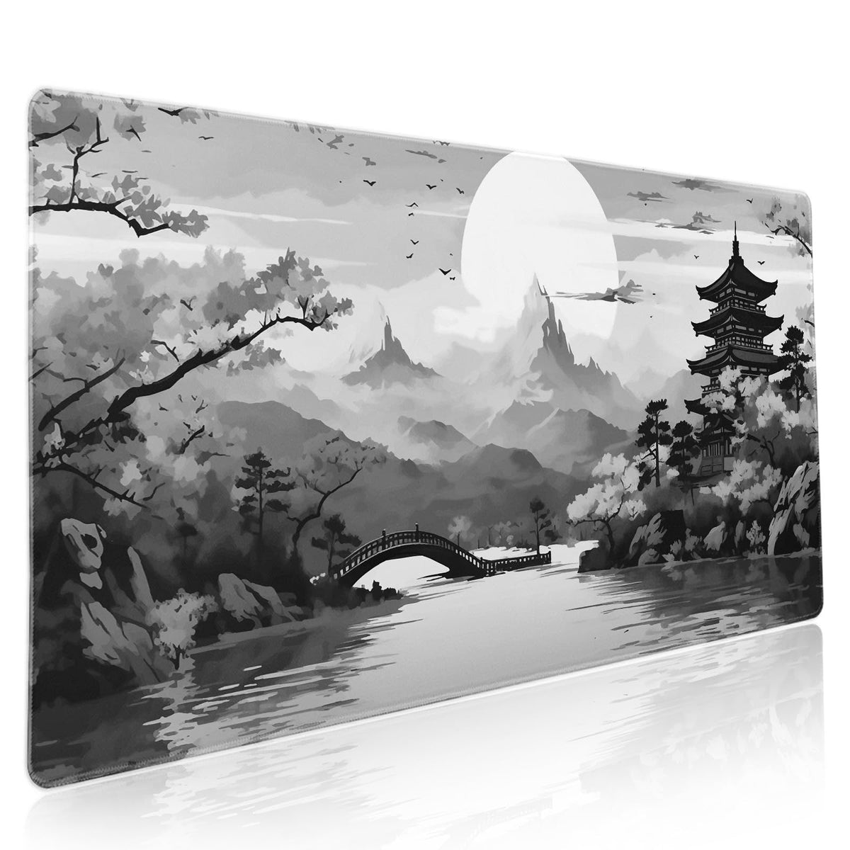 Black Gray Japanese Sakura Gaming Mouse Pad Grey White Cherry Blossom Tower Mountain Aesthetic