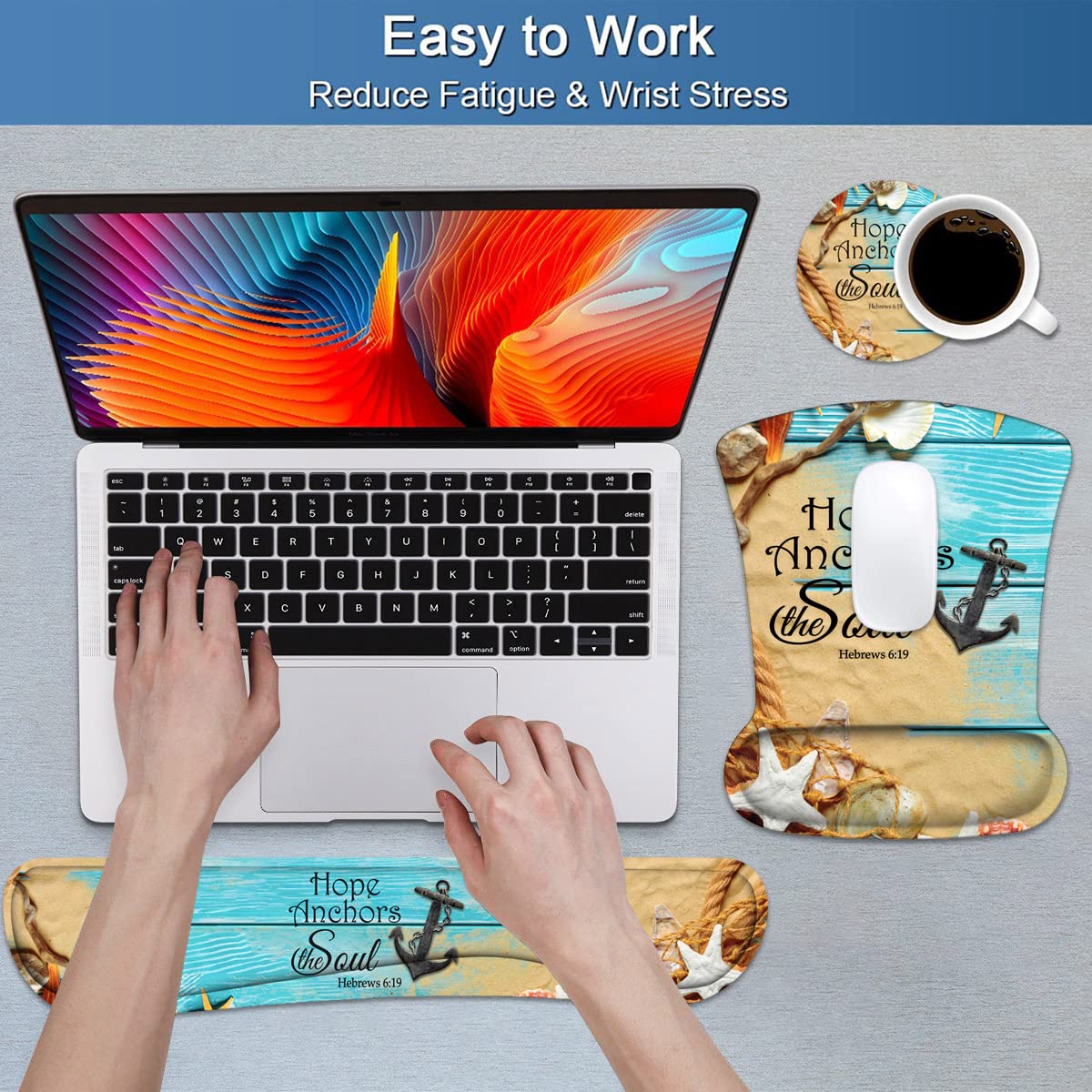 Keyboard Wrist Rest and Mouse Pad Wrist Support Set with Coasters, Non-Slip PU Base Ergonomic