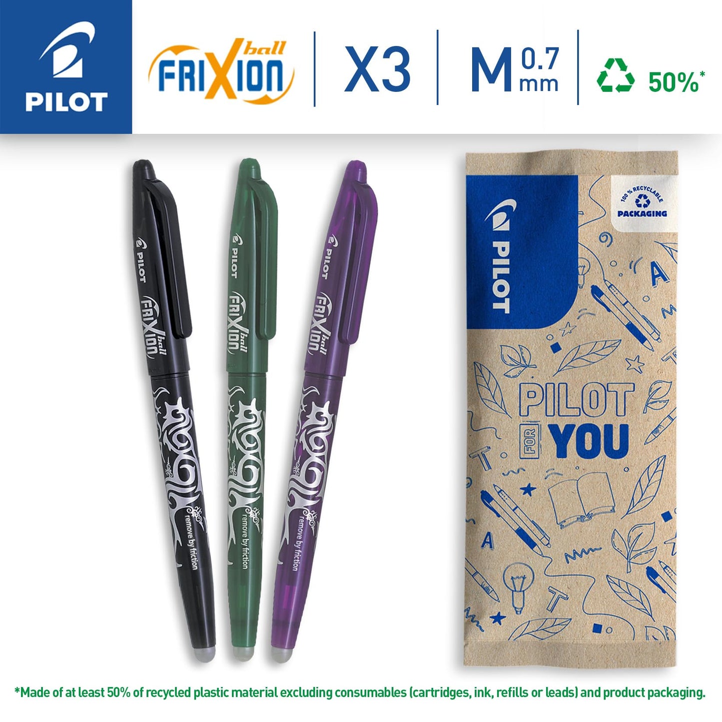 PILOT - Set of 3 FriXion Ball 07 - Erasable Thermosensitive Ink Pen - Refillable Roller Pen
