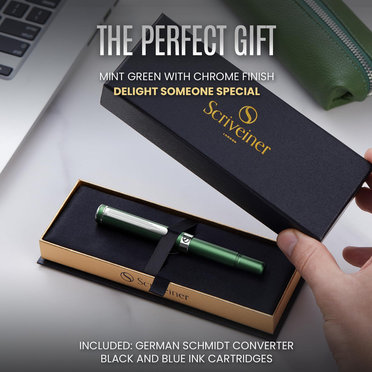 Scriveiner Luxury EDC Fountain Pen (Medium), Stunning Matt Green Pocket Pen, Chrome Finish, Schmidt
