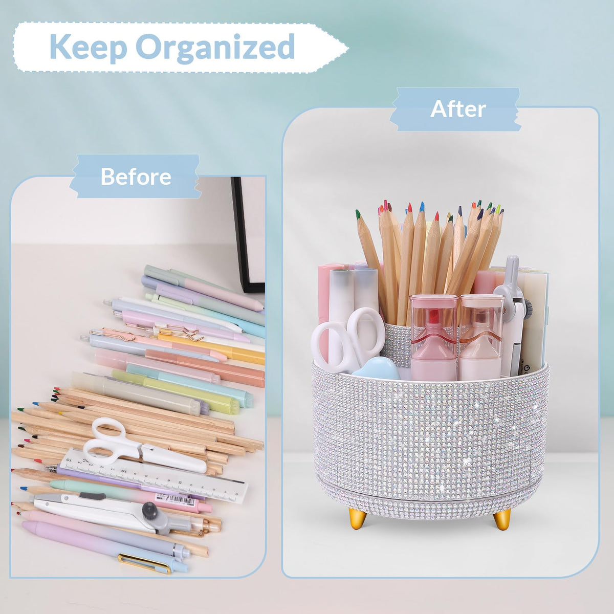 SKYDUE 360 Degree Rotating Desk Organizer, Shining Dual-Purpose Rhinestone Pencil Pen Holder