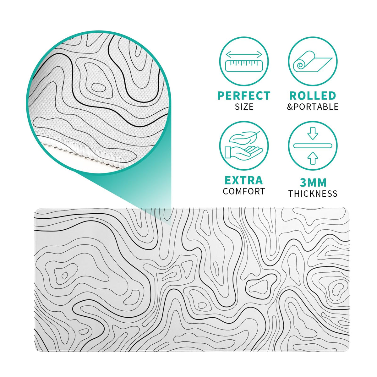 Topographic Contour White Gaming Mouse Pad XL Geographic Map Lines Extended Big Large Desk Mat