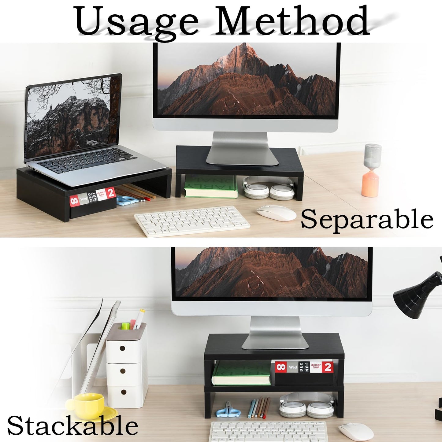 TEAMIX 2-Pack Wood Monitor Stand Riser for Desk , Black