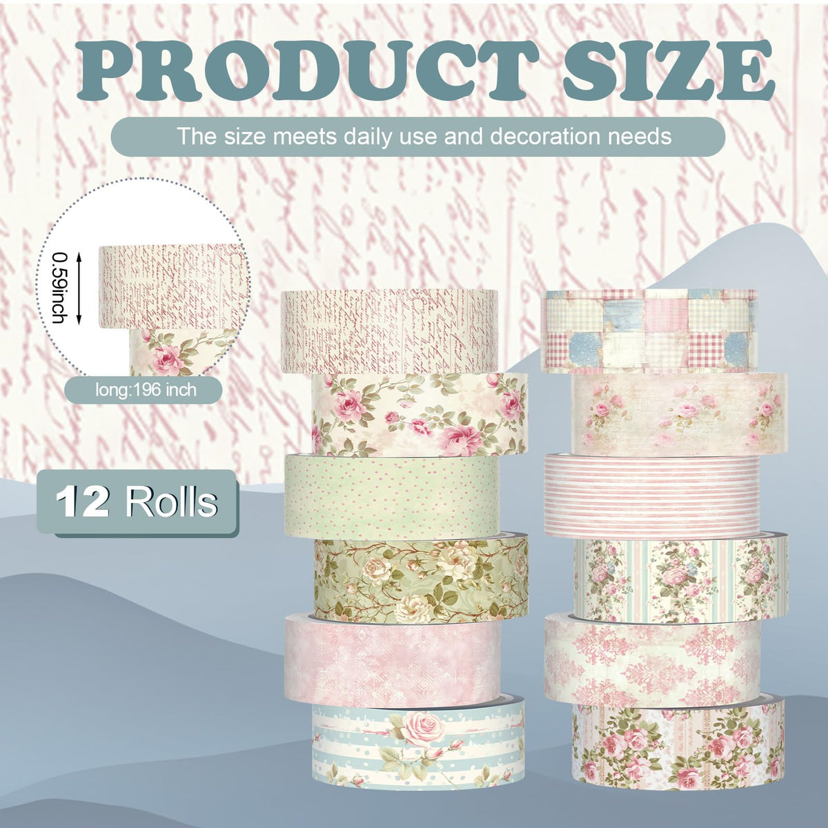 YooNotee 12 Rolls Floral Washi Tape Set,Vintage Pink,Cottagecore