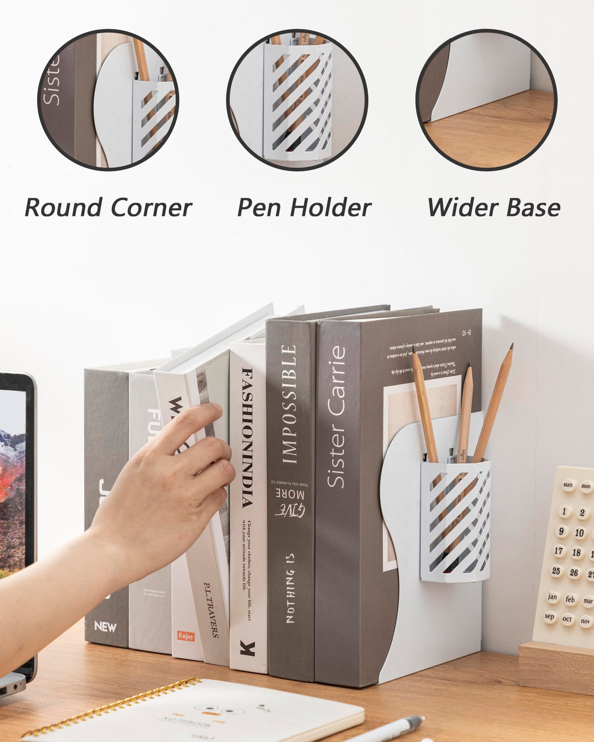 Kingsmile Book Ends, Adjustable Heavy Duty Metal Book Stoppers with Pen Holder for Desk Office