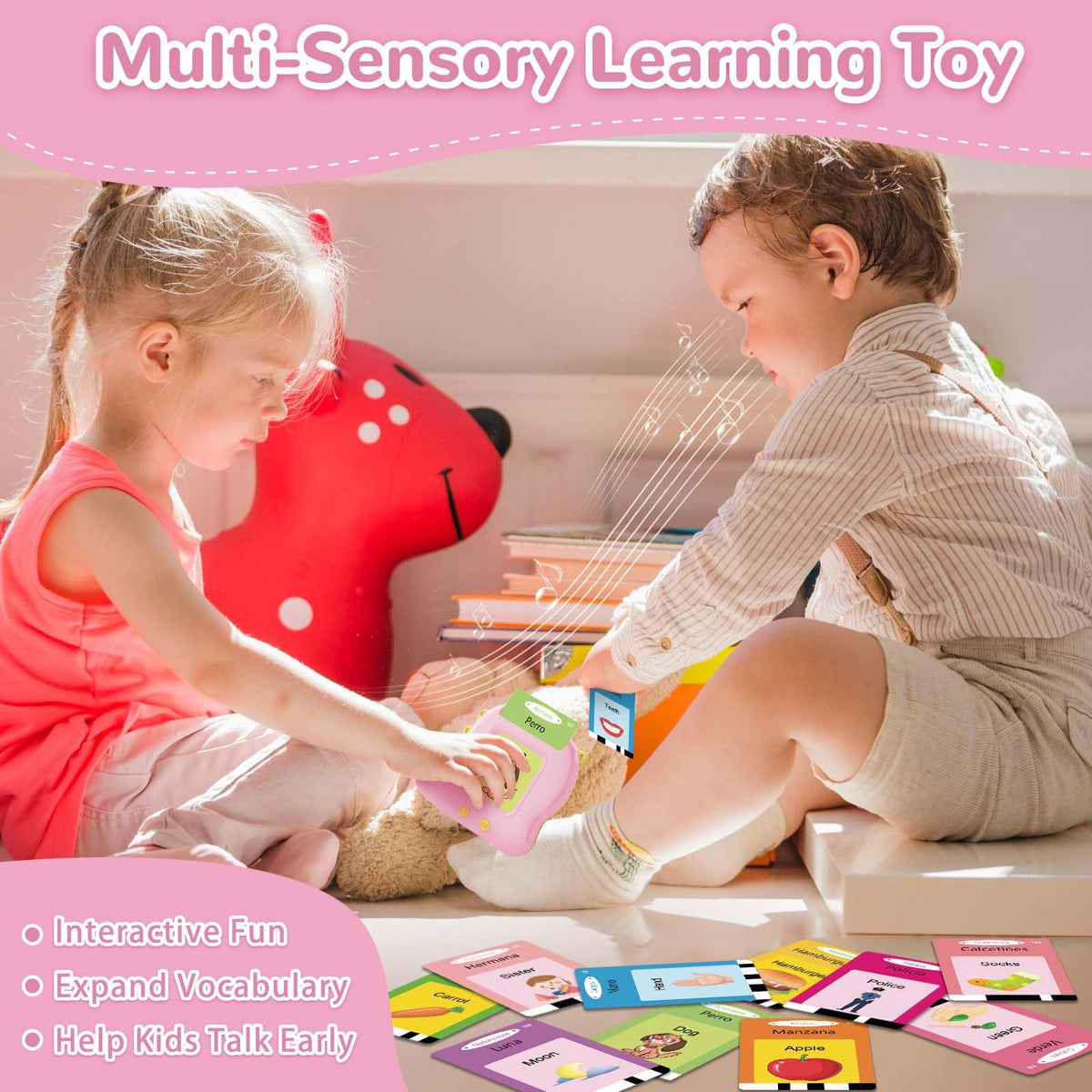 Alotwan Spanish Talking Flash Cards, Bilingual Español & English (Pink)
