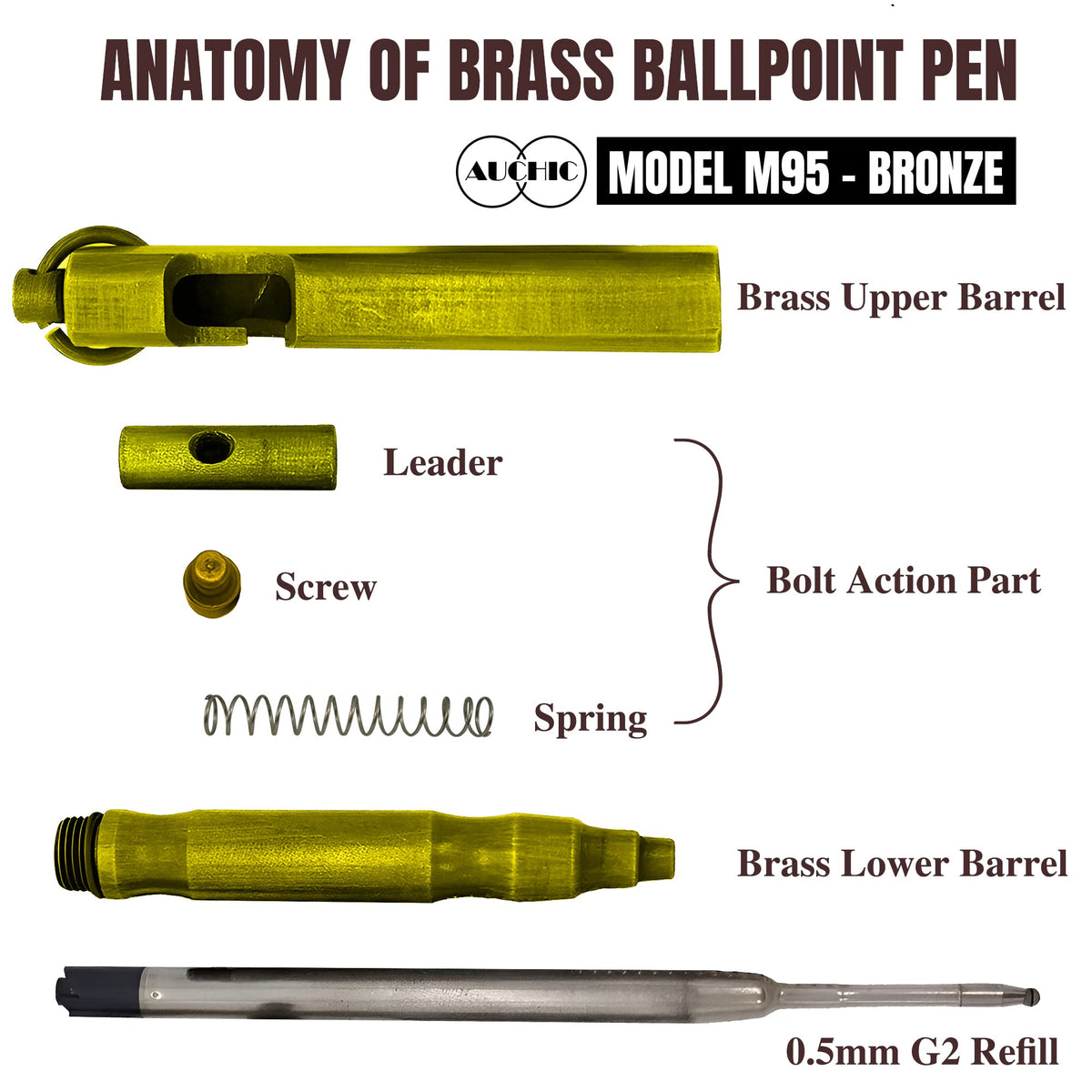 Auchic Custom Bolt Action Pen Free Engraving Custom Pocket EDC Metal Pen with 3 Refills Engravable