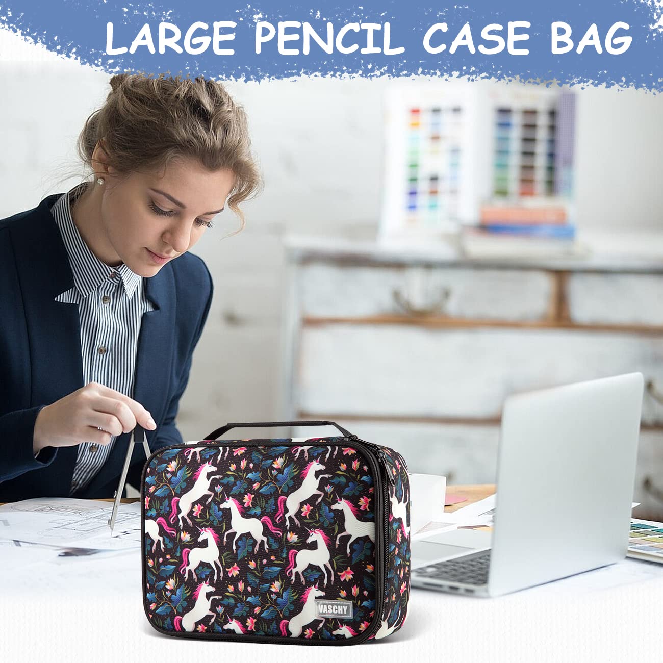 VASCHY Large Pencil Case, Art Color Pencils Pouch with Detachable Layers Multiple Zip Pockets for