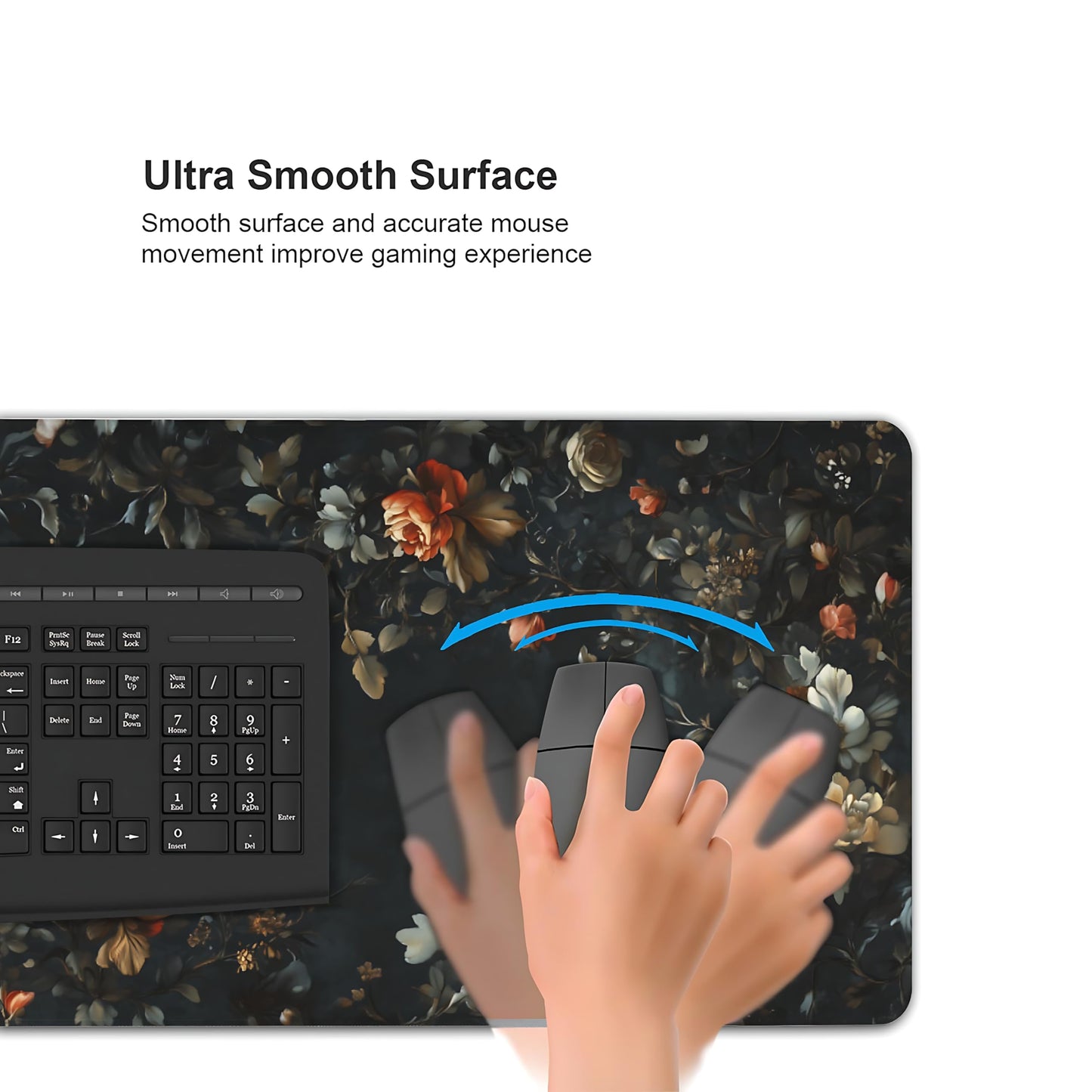 Floral Aesthetic Rose Gaming Mouse Pad, Black Dark Botanical Desk Mat with Anti-Slip Base &