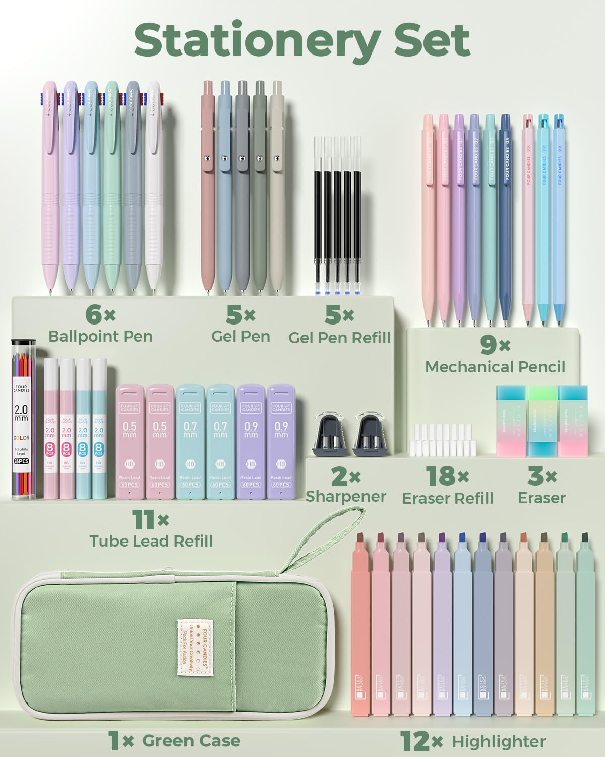 Four Candies 56PCS School Supplies with Pencil Case, Stationery Set, Green