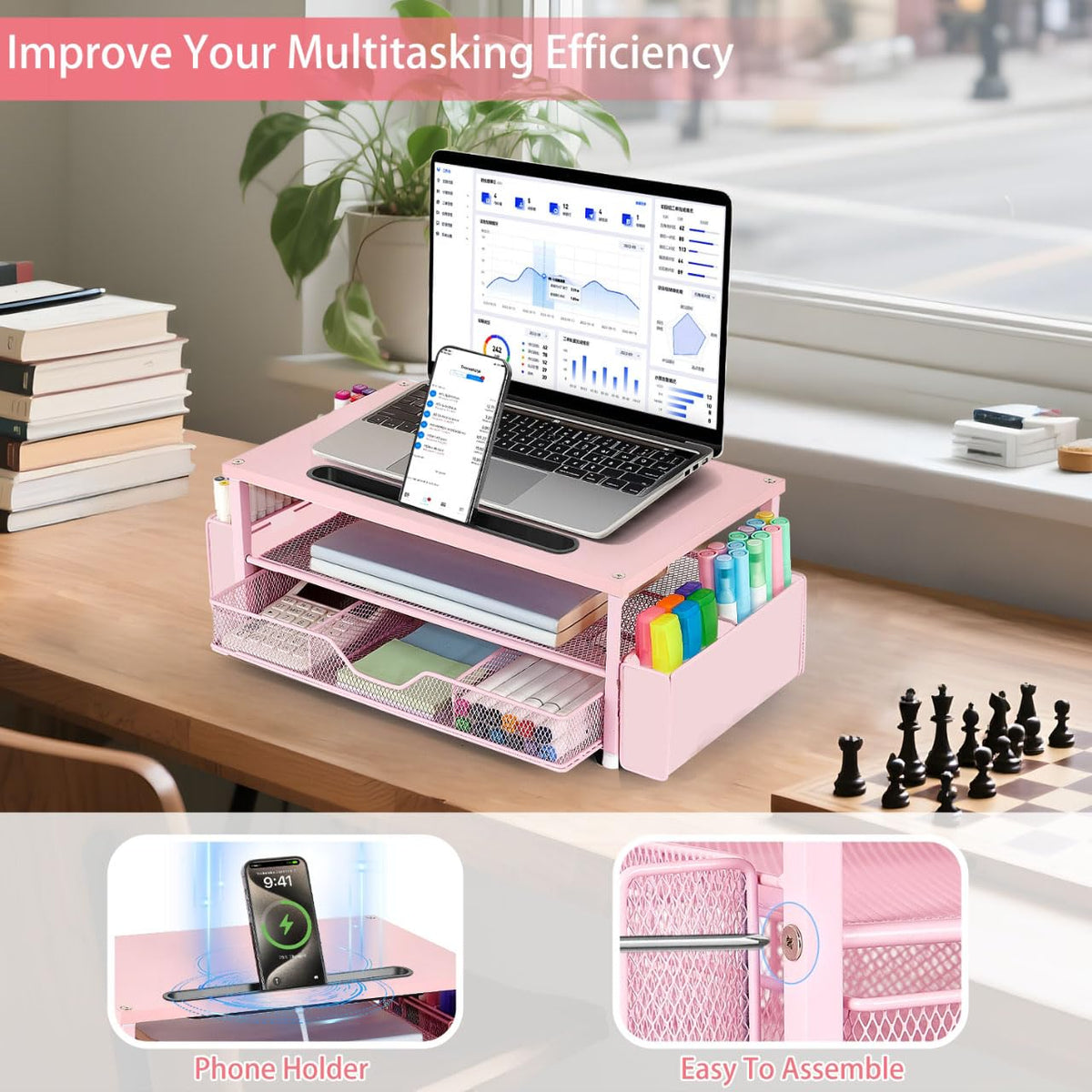 AUPSEN Pink Desk Organizers and Accessories, 2-Tier Wood Computer Monitor Stand with Drawer, Pen