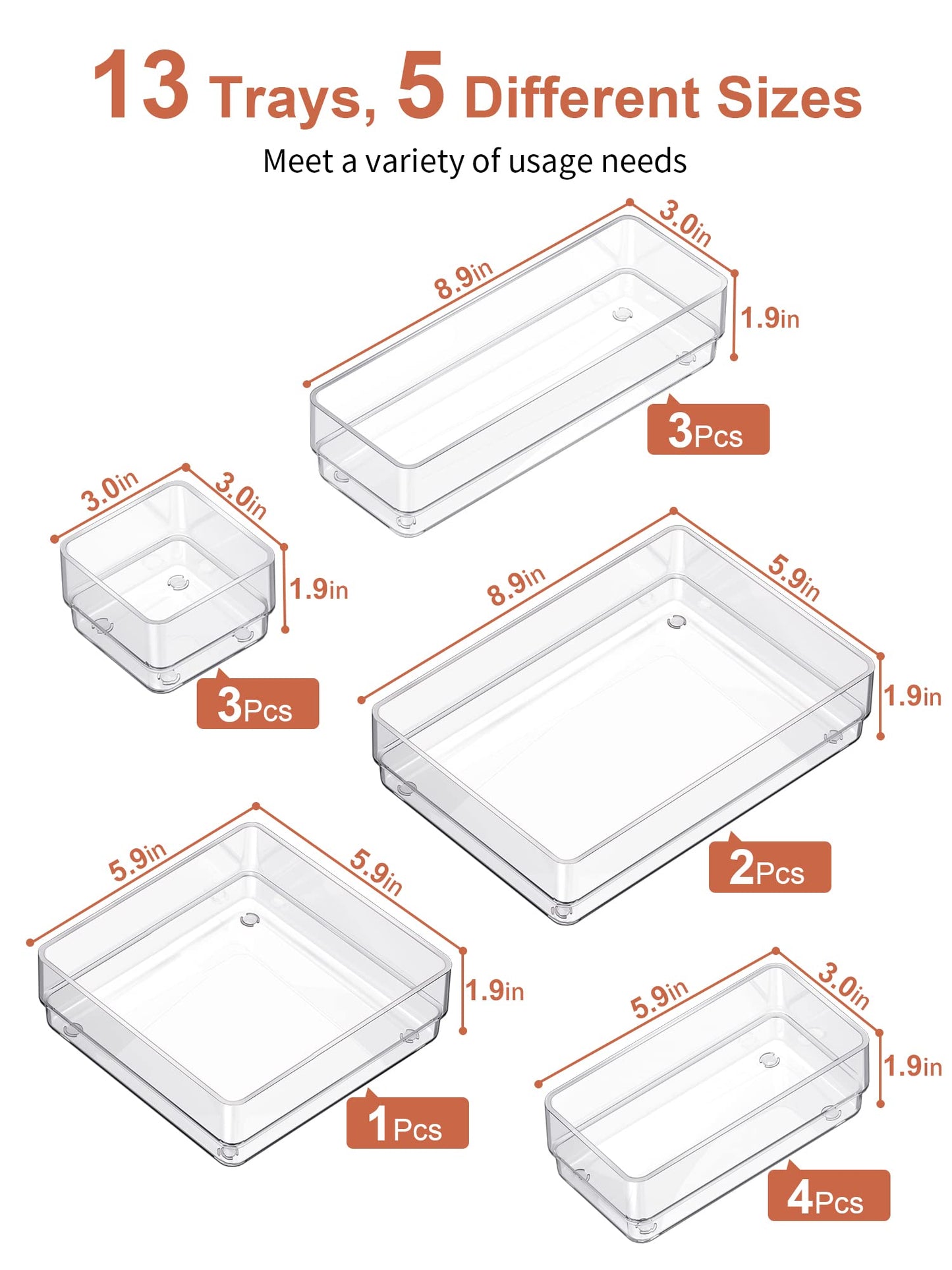 SMARTAKE 13 PCS Drawer Organizer 5-Size Desk Makeup Drawer Organizer Clear