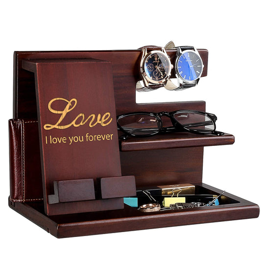 awofer Wood Phone Docking Station for Men - I Love You Forever - Personalized Anniversary Idea for