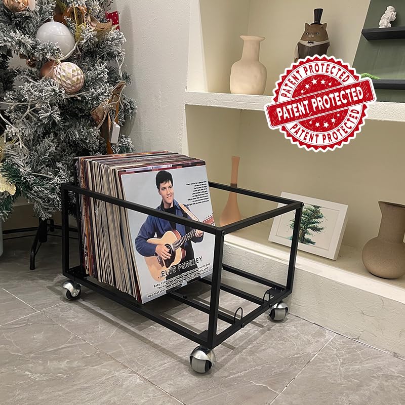 OrigoDeco Vinyl Record Storage Holder on Wheels - With Dust Cover - Holds up to 100 LP - Album