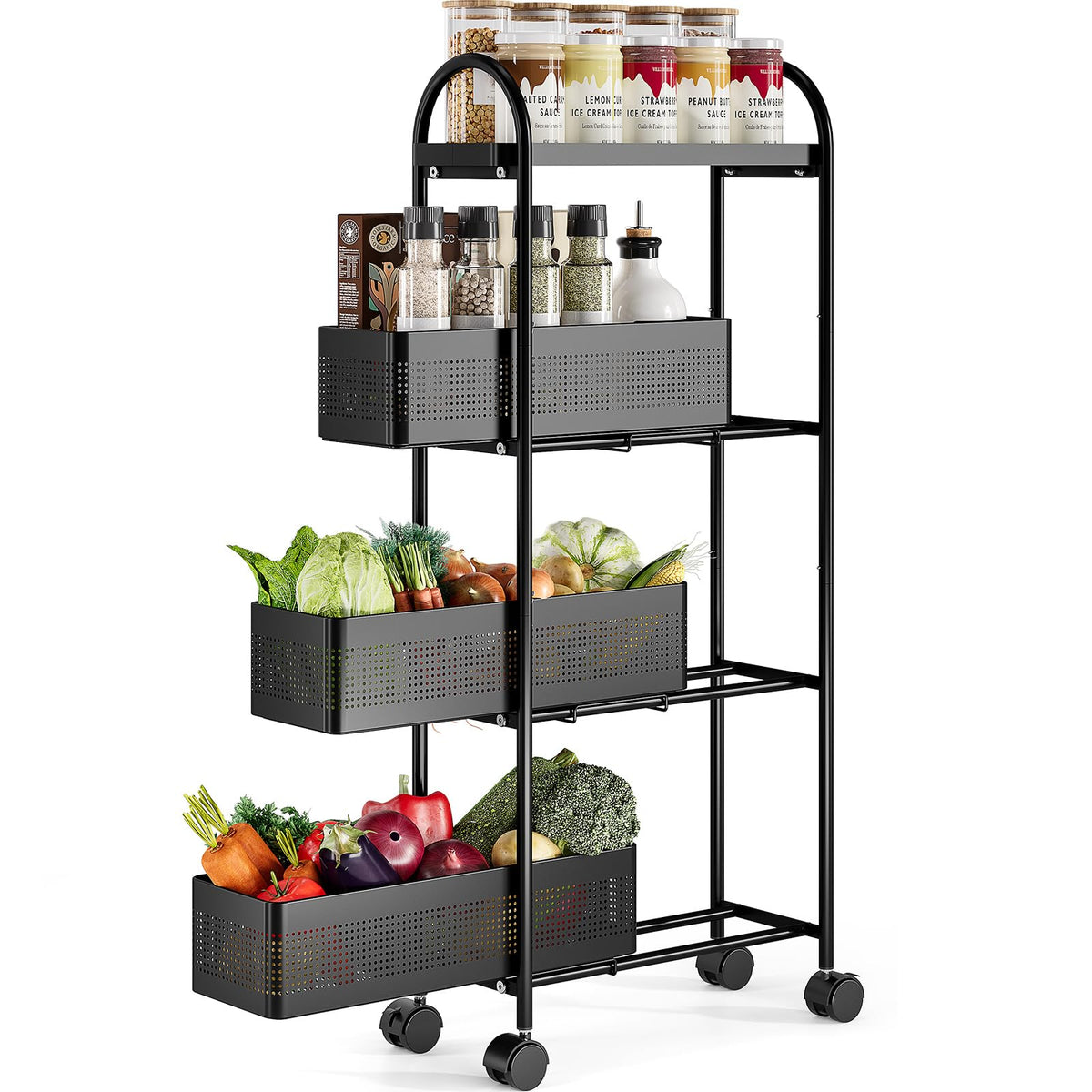 KINGRACK 4 Tier Slim Rolling Cart with Drawer, Metal Utility Storage Cart