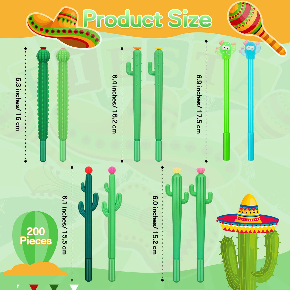 Tinlade 200 Pcs Cactus Pens Bulk Cactus Shaped Gel Pens Cute Gifts 0.5mm Black Ink Cacti Pen