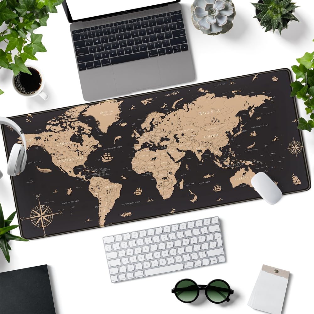 World Map Desk Mat Historical World Map Desk Pad Extra Large Computer Mouse Pad XL Black