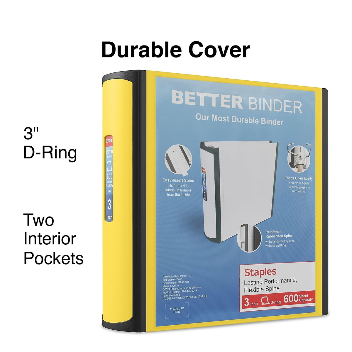 Staples Better 3-Inch D-Ring 3-Ring Binder, Yellow, 600 Sheets