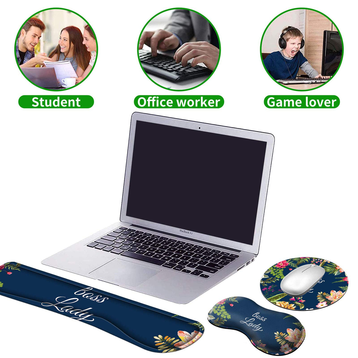 Ergonomic Keyboard Wrist Rests Gel Memory Foam Mouse Pad with Round Mousepad + Coasters, Wrist