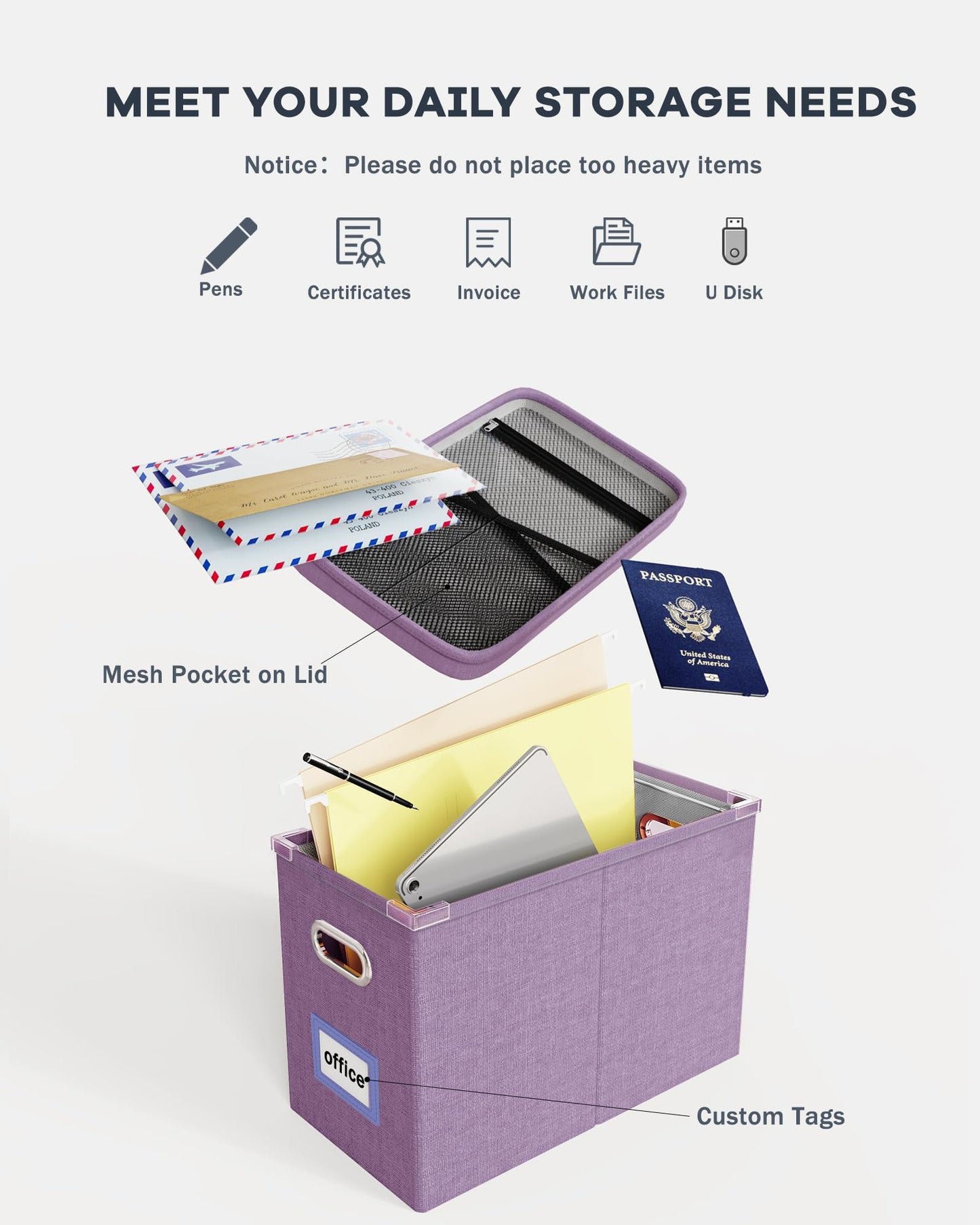 Oterri File Organizer with Lid, Hanging Filing Box with Mesh Pocket, Document Organizer for Letter