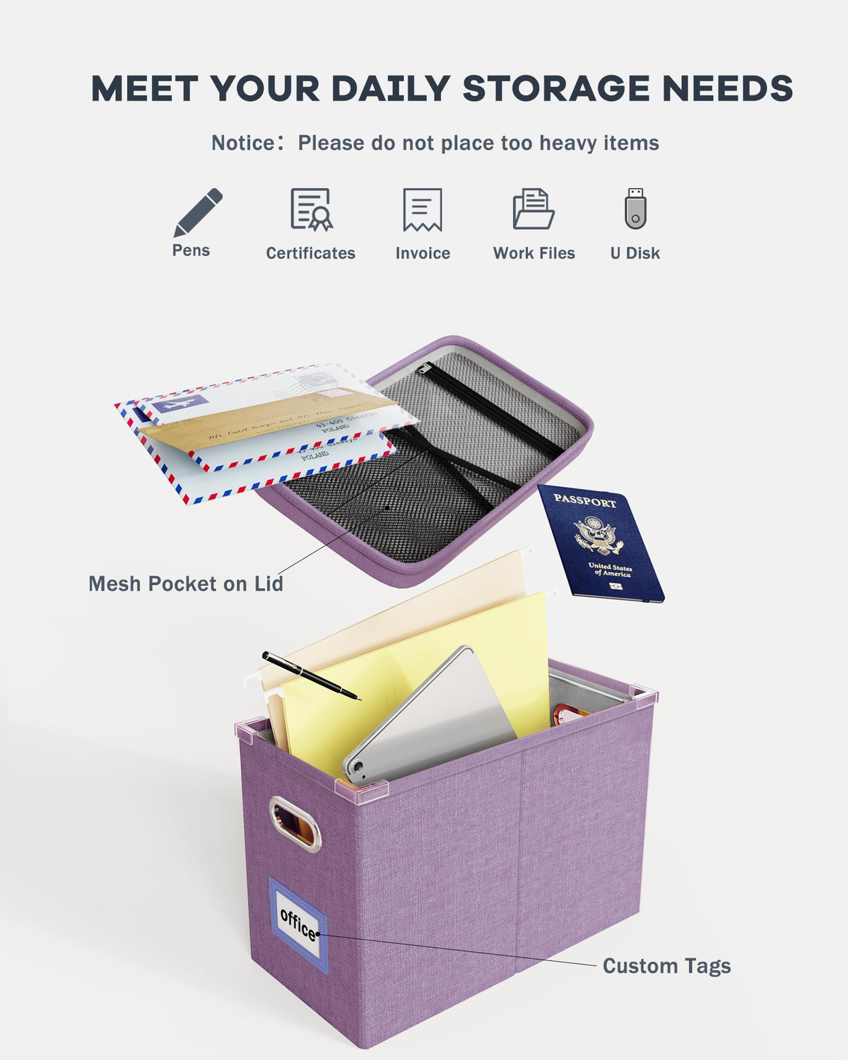 Oterri File Organizer with Lid, Hanging Filing Box with Mesh Pocket, Document Organizer for Letter