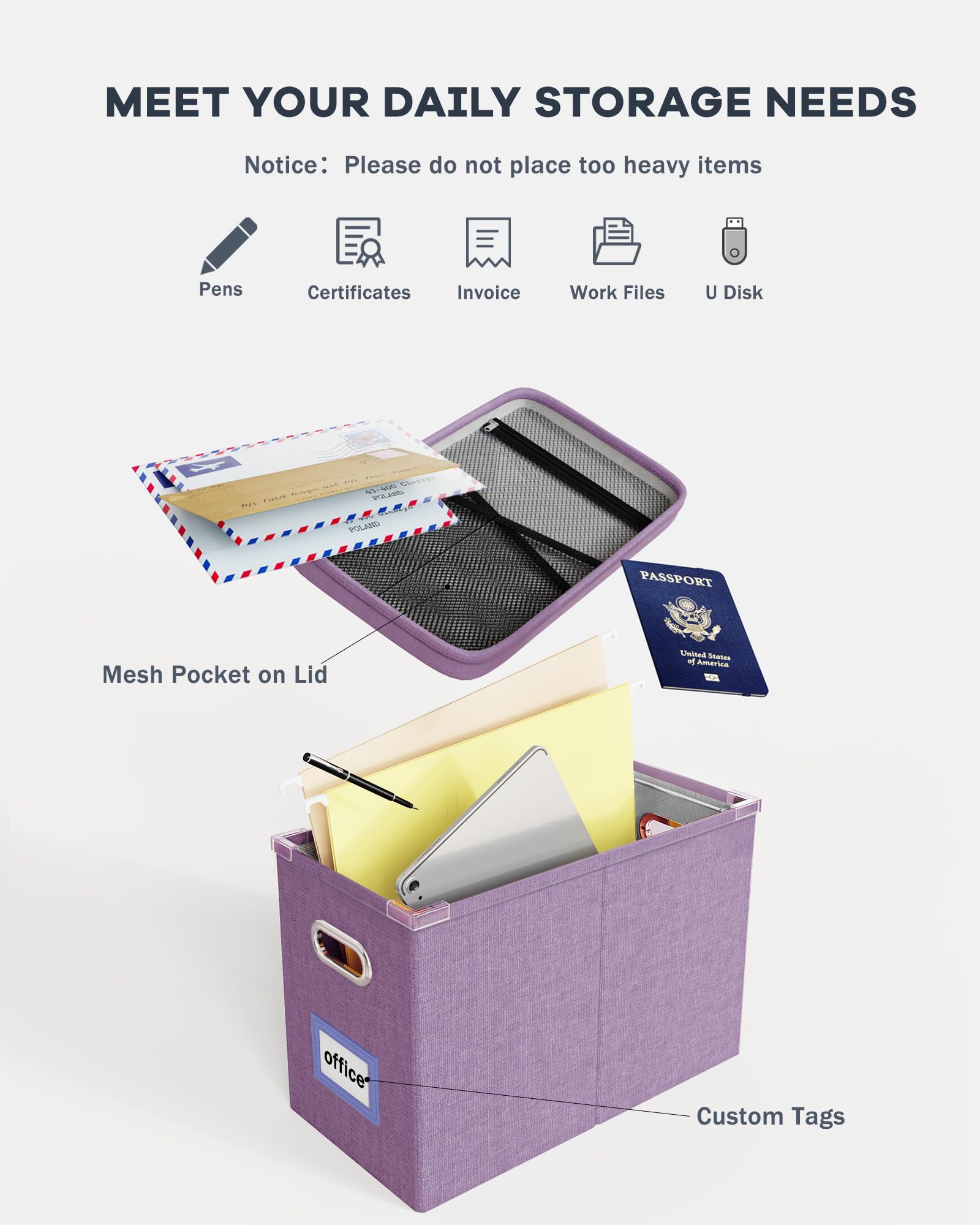 Oterri File Organizer With Lid, Hanging Filing Box With Mesh Pocket, Document Organizer for Letter